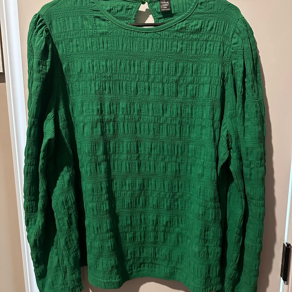 Green Textured Long Sleeve Top